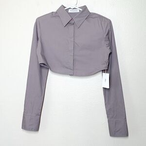 The Frankie Shop Uma Cropped Shirt S Grey Button Up Padded Shoulders Cotton